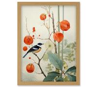 Artery8 Small Bird on Blooming Tree Branch Botanical Artwork Red Teal Nature Study Audubon Style Artwork Framed Wall Art Print A4
