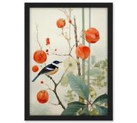 Artery8 Small Bird on Blooming Tree Branch Botanical Artwork Red Teal Nature Study Audubon Style Artwork Framed A3 Wall Art Print
