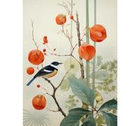 Artery8 Small Bird on Blooming Tree Branch Botanical Artwork Red Teal Nature Study Audubon Style Large Wall Art Poster Print Thick Paper 18X24 Inch