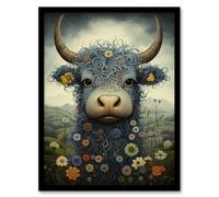 Artery8 Small Blue Highland Cow In Wildflower Meadow Fun Wee Blue Coo Artwork Art Print Framed Poster Wall Decor in Black | Size: W12" x H16" Artery8 Black W12" x H16"