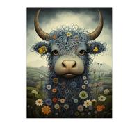 Artery8 Small Blue Highland Cow In Wildflower Meadow Fun Wee Blue Coo Artwork Extra Large XL Wall Art Poster Print
