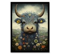 Artery8 Small Blue Highland Cow In Wildflower Meadow Fun Wee Blue Coo Artwork Framed Wall Art Print 18X24 Inch