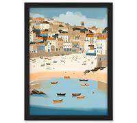 Artery8 Small Boats in St Ives Bay Coastal Cityscape Artwork Framed A3 Wall Art Print