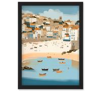 Small Boats in St Ives Bay Coastal Cityscape Artwork Framed Wall Art Print A4 Artery8 Black One Size