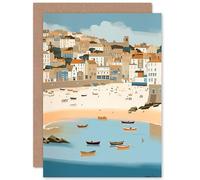 Artery8 Small Boats in St Ives Bay Coastal Cityscape Travel Birthday Sealed Greeting Card Plus Envelope Blank inside