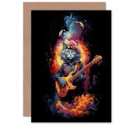 Artery8 Smelly Cat Lover Gift Pet Portrait with Guitar Conceptual Orange Blue Purple Artwork Painting Sealed Greeting Card Plus Envelope Blank inside