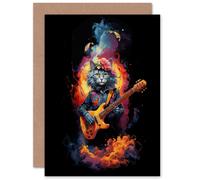 Artery8 Smelly Cat Lover Gift Pet Portrait with Guitar Conceptual Orange Blue Purple Artwork Painting Sealed Greeting Card Plus Envelope Blank inside