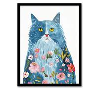 Artery8 Smiling Blue Cat with Flowers in Fur Watercolour Kids Bedroom Nursery Artwork Framed Wall Art Print A4