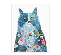 Artery8 Smiling Blue Cat with Flowers in Fur Watercolour Kids Bedroom Nursery Extra Large XL Wall Art Poster Print
