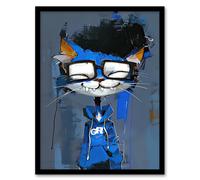 Artery8 Smiling Blue Kitty With Hoodie Cat Lover Cartoon Framed Wall Art | Size: W12" x H16" Artery8 Blue W12" x H16"