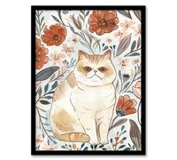 Artery8 Smiling Exotic Shorthair Cat Floral Watercolour Framed Wall Art | Size: A4 Artery8 Multicolor A4