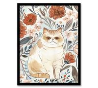 Artery8 Smiling Exotic Shorthair Cat Floral Watercolour Wall Art Print - A4 Size