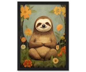 Artery8 Smiling Sloth Meditating in Forest Flowers Kids Bedroom Artwork Framed A3 Wall Art Print