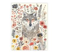 Artery8 Smiling Wolf Wildflower Meadow Floral Watercolour Living Room Large Wall Art Poster Print Thick Paper 18X24 Inch