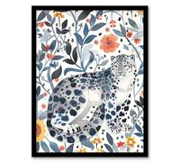 Artery8 Snow Leopard Blue Orange Floral Watercolour Framed Wall Art | Size: W12" x H16" Artery8 Blue W12" x H16"