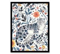 Snow Leopard Blue Orange Floral Watercolour Framed Wall Art Artery8 Blue A4