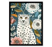 Artery8 Snow Leopard Floral Pattern Watercolour Folk Art Living Room Artwork Framed Wall Art Print A4