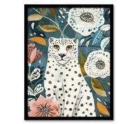 Artery8 Snow Leopard Floral Pattern Watercolour Folk Art Living Room Artwork Framed Wall Art Print A4