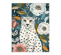 Snow Leopard Floral Pattern Watercolour Folk Art Wall Art Print Artery8 Blue W24 inch x H32 inch