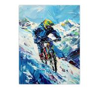 Artery8 Snow Mountain Biker Snowbike Race Sport Painting Wall Art Print in Blue | Size: W12" x H16" Artery8 Blue W12" x H16"