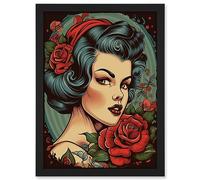 Artery8 Snow White Roses Pin Up Rockabilly Americana 50s Artwork Framed A3 Wall Art Print