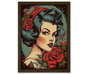 Artery8 Snow White Roses Pin Up Rockabilly Americana 50s Artwork Framed A3 Wall Art Print