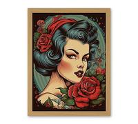 Artery8 Snow White Roses Pin Up Rockabilly Americana 50s Artwork Framed Wall Art Print 18X24 Inch