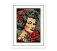 Artery8 Snow White Roses Pin Up Rockabilly Americana 50s Artwork Framed Wall Art Print 18X24 Inch