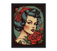 Artery8 Snow White Roses Pin Up Rockabilly Americana 50s Artwork Framed Wall Art Print 18X24 Inch