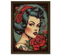 Artery8 Snow White Roses Pin Up Rockabilly Americana 50s Artwork Framed Wall Art Print A4