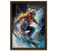 Artery8 Snowboarder Landing Snowboard Jump Splatter Paint Artwork Framed A3 Wall Art Print