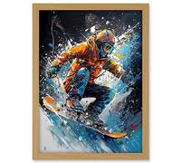 Artery8 Snowboarder Landing Snowboard Jump Splatter Paint Artwork Framed A3 Wall Art Print