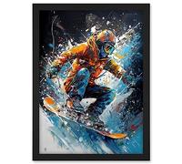 Artery8 Snowboarder Landing Snowboard Jump Splatter Paint Artwork Framed A3 Wall Art Print