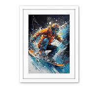 Artery8 Snowboarder Landing Snowboard Jump Splatter Paint Artwork Framed Wall Art Print 18X24 Inch
