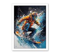Artery8 Snowboarder Landing Snowboard Jump Splatter Paint Artwork Framed Wall Art Print 18X24 Inch