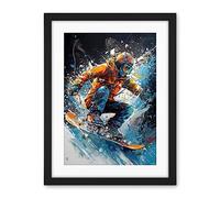 Artery8 Snowboarder Landing Snowboard Jump Splatter Paint Artwork Framed Wall Art Print 18X24 Inch