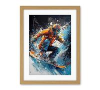 Artery8 Snowboarder Landing Snowboard Jump Splatter Paint Artwork Framed Wall Art Print 18X24 Inch