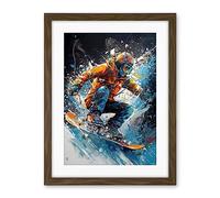 Artery8 Snowboarder Landing Snowboard Jump Splatter Paint Artwork Framed Wall Art Print 18X24 Inch