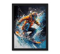 Artery8 Snowboarder Landing Snowboard Jump Splatter Paint Artwork Framed Wall Art Print 18X24 Inch