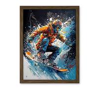 Artery8 Snowboarder Landing Snowboard Jump Splatter Paint Artwork Framed Wall Art Print 18X24 Inch