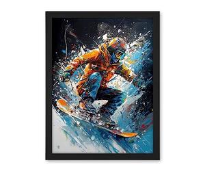 Artery8 Snowboarder Landing Snowboard Jump Splatter Paint Artwork Framed Wall Art Print 18X24 Inch