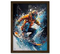 Artery8 Snowboarder Landing Snowboard Jump Splatter Paint Artwork Framed Wall Art Print A4