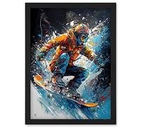 Artery8 Snowboarder Landing Snowboard Jump Splatter Paint Artwork Framed Wall Art Print A4