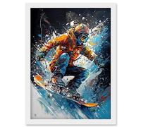 Artery8 Snowboarder Landing Snowboard Jump Splatter Paint Artwork Framed Wall Art Print A4