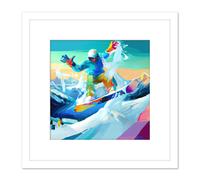 Artery8 Snowboarder Mid Air Action Shot Modern Colourful Abstract Acrylic Paint Square Wooden Framed Wall Art Print Picture 8X8 Inch in White Artery8 White