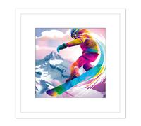 Artery8 Snowboarder Snowboarding Vibrant Watercolour Multicoloured Snow Mountain Winter Sport Square Wooden Framed Wall Art Print Picture 8X8 Inch Artery8 White