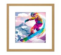 Artery8 Snowboarder Snowboarding Vibrant Watercolour Multicoloured Snow Mountain Winter Sport Square Wooden Framed Wall Art Print Picture 8X8 Inch Artery8 Light Oak