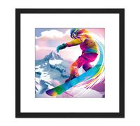 Artery8 Snowboarder Snowboarding Vibrant Watercolour Multicoloured Snow Mountain Winter Sport Square Wooden Framed Wall Art Print Picture 8X8 Inch Artery8 Black