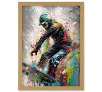 Artery8 Snowboarding Extreme Sport Athlete Paint Splat Artwork Framed Wall Art Print A4 in Light Oak Artery8 Light Oak