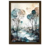 Artery8 Snowfall over Autumn Trees in Snowy River Dream Landscape Modern Watercolour Painting Artwork Framed Wall Art Print A4